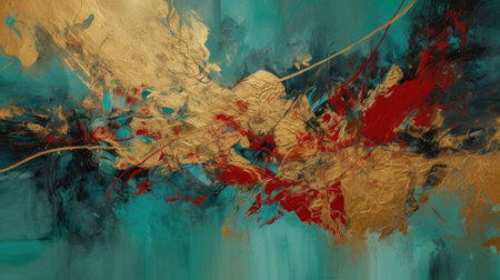 A Minimalistic Abstract Texture of Turquoise, Red and Gold Paint. Generative AIの素材