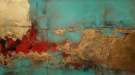 A Minimalistic Abstract Texture of Turquoise, Red and Gold Paint. Generative AIの素材