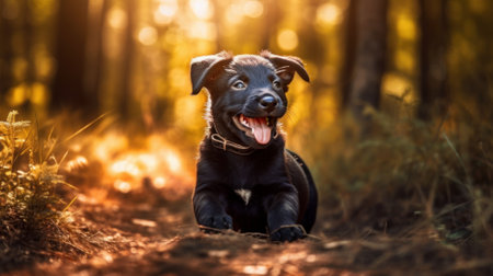 Happy black puppy in nature. Generative AIの素材