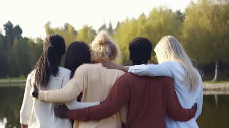 Multiracial and diversity concept. Diverse people hugging each other. Generative AIの素材