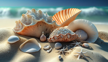 Shells on sandy beach. Generative AIの素材