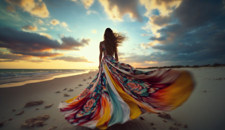 Graceful woman standing on the beach in flowing colorful dress. Generative AIの素材