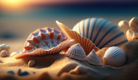 Shells on sandy beach. Generative AIの素材