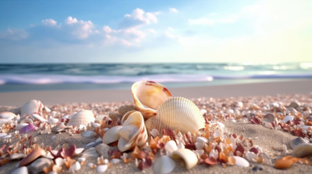 Shells on sandy beach. Generative AIの素材
