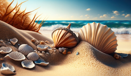 Shells on sandy beach. Generative AIの素材