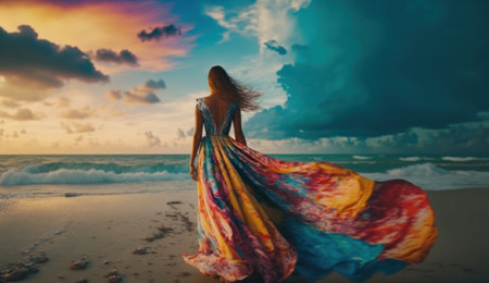 Graceful woman standing on the beach in flowing colorful dress. Generative AIの素材