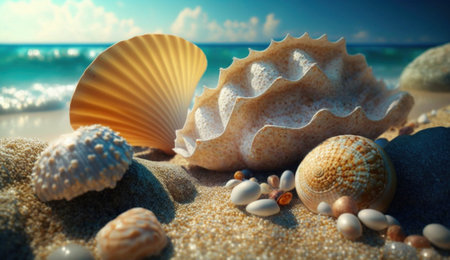 Shells on sandy beach. Generative AIの素材