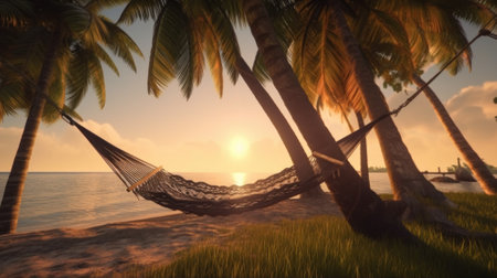 A tropical beach at sunset with a hammock under a palm tree. Generative AIの素材
