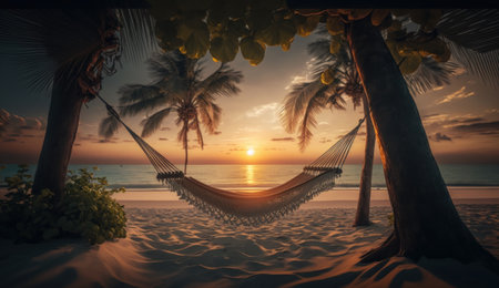 A tropical beach at sunset with a hammock under a palm tree. Generative AIの素材