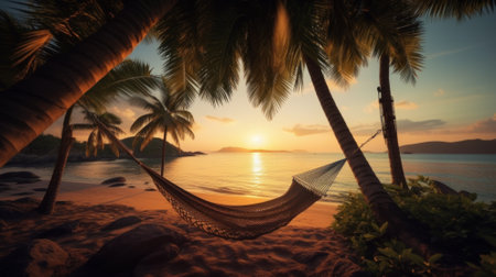 A tropical beach at sunset with a hammock under a palm tree. Generative AIの素材