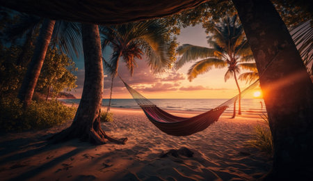 A tropical beach at sunset with a hammock under a palm tree. Generative AIの素材