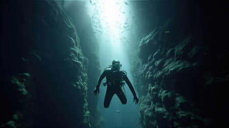 Discovering the Wonders of the Underwater World: Scuba Diver Exploration. Generative AIの素材
