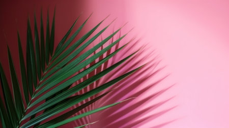 Tropical leaves on pink background. Generative AIの素材