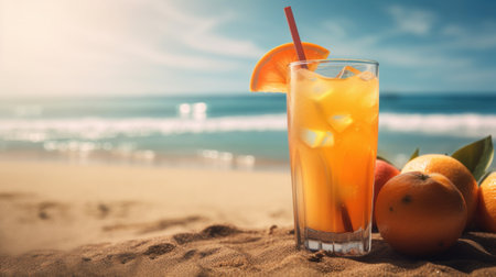 Fresh Juice Cocktail on a Tropical Beach in Summer. Generative AIの素材