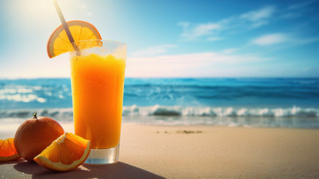 Fresh Juice Cocktail on a Tropical Beach in Summer. Generative AIの素材