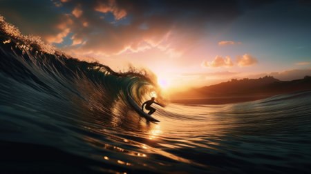 Surfer Silhouette Riding the Sunset Wave. Generative AIの素材