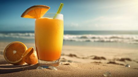Fresh Juice Cocktail on a Tropical Beach in Summer. Generative AIの素材