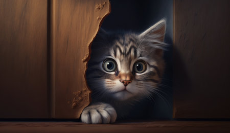 A Surprised Cat in an Wall Hole. Generative AIの素材