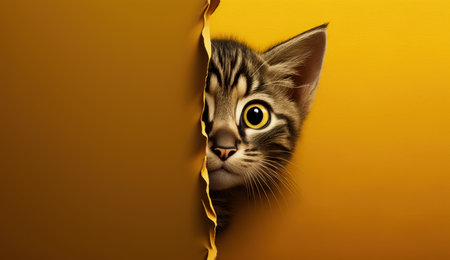 A Surprised Cat in an Yellow Wall Hole. Generative AIの素材