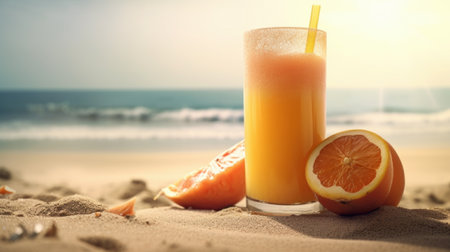 Fresh Juice Cocktail on a Tropical Beach in Summer. Generative AIの素材
