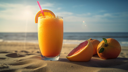 Fresh Juice Cocktail on a Tropical Beach in Summer. Generative AIの素材