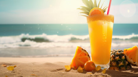 Fresh Juice Cocktail on a Tropical Beach in Summer. Generative AIの素材