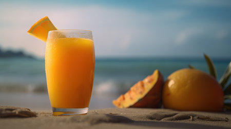 Fresh Juice Cocktail on a Tropical Beach in Summer. Generative AIの素材