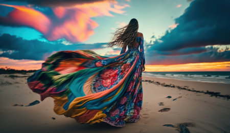 Graceful woman standing on the beach in flowing colorful dress. Generative AIの素材