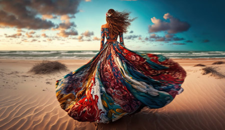 Graceful woman standing on the beach in flowing colorful dress. Generative AIの素材