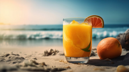 Fresh Juice Cocktail on a Tropical Beach in Summer. Generative AIの素材