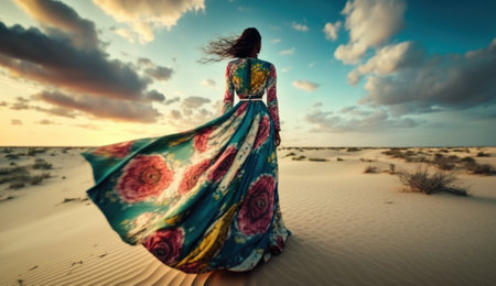 Graceful woman standing on the beach in flowing colorful dress. Generative AIの素材