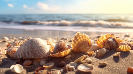 Shells on sandy beach. Generative AIの素材