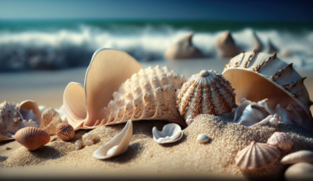 Shells on sandy beach. Generative AIの素材