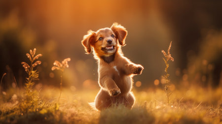 Happy puppy in nature. Generative AIの素材