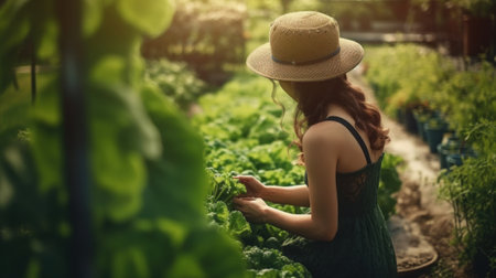 Beautiful Woman Cultivates Her Own Fresh, Organic Vegetables in a Small Garden. Generative AIの素材