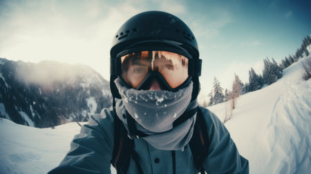 Snowboarder Captures Epic Moment in First-Person View. Generative AIの素材