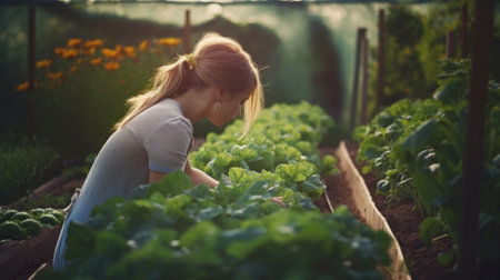 Beautiful Woman Cultivates Her Own Fresh, Organic Vegetables in a Small Garden. Generative AIの素材
