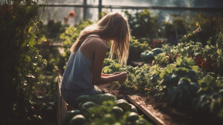 Beautiful Woman Cultivates Her Own Fresh, Organic Vegetables in a Small Garden. Generative AIの素材