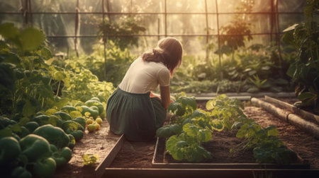 Beautiful Woman Cultivates Her Own Fresh, Organic Vegetables in a Small Garden. Generative AIの素材