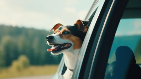 A Happy Dog's Travel Adventure on a Sunny Car Ride. Generative AIの素材