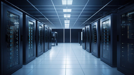 A Network Security Server Room Filled with Computer Racks. Generative AIの素材