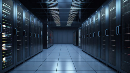 A Network Security Server Room Filled with Computer Racks. Generative AIの素材