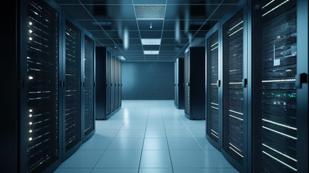 A Network Security Server Room Filled with Computer Racks. Generative AIの素材