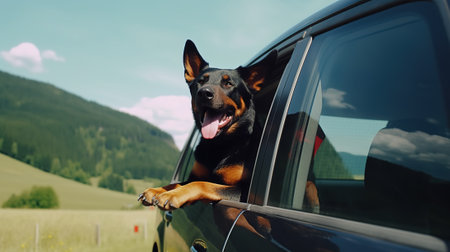 A Happy Dog's Travel Adventure on a Sunny Car Ride. Generative AIの素材