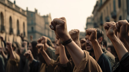 Revolutionary Voices: Protesting Crowd with Raised Fists on City Street. Generative AIの素材