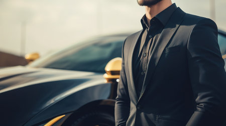 A Close-Up of a Rich Businessman Standing in Front of a Luxurious Supercar. Generative AI.の素材