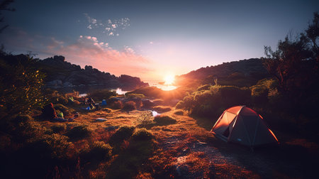 Dawn in the Wild: Camping at Sunrise. Generative AIの素材
