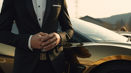 A Close-Up of a Rich Businessman Standing in Front of a Luxurious Supercar. Generative AI.の素材