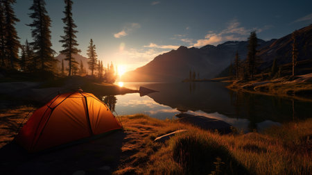 Dawn in the Wild: Camping at Sunrise. Generative AIの素材