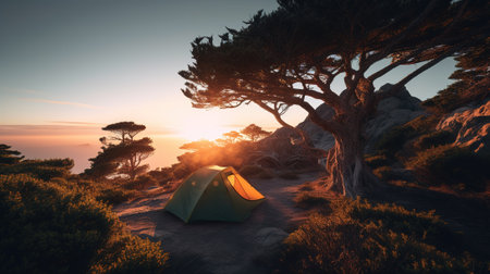 Dawn in the Wild: Camping at Sunrise. Generative AIの素材